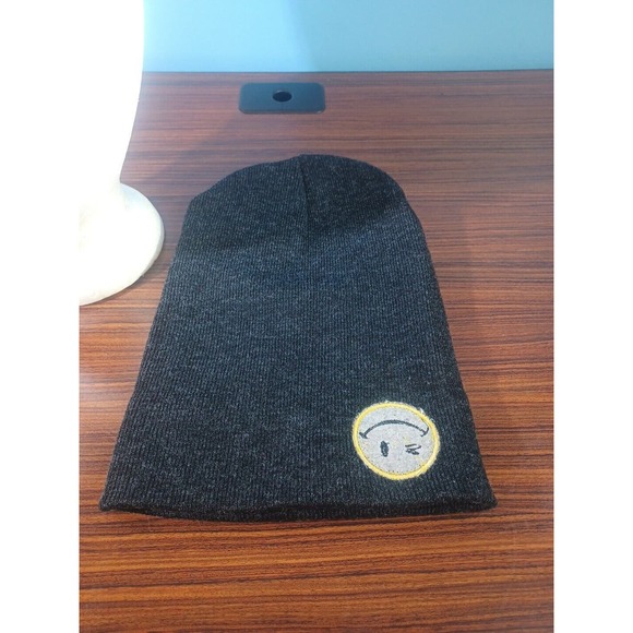 Black Beanie Hat Winking Emoji Fuzzy Face SG FOOTWEAR One Size Cuffed - Picture 13 of 14
